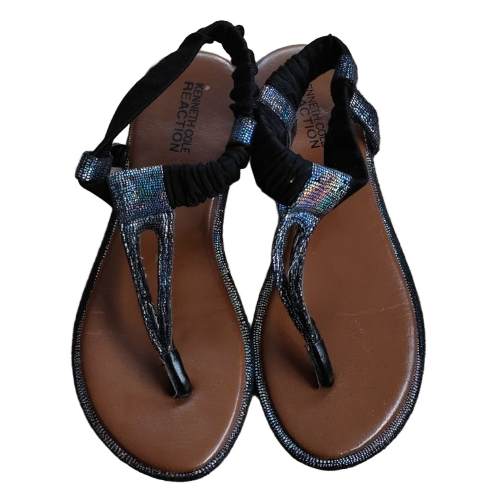Kenneth Cole Reaction Girls 2 Black Shimmer Thong Sandals Stretch Summer Beach